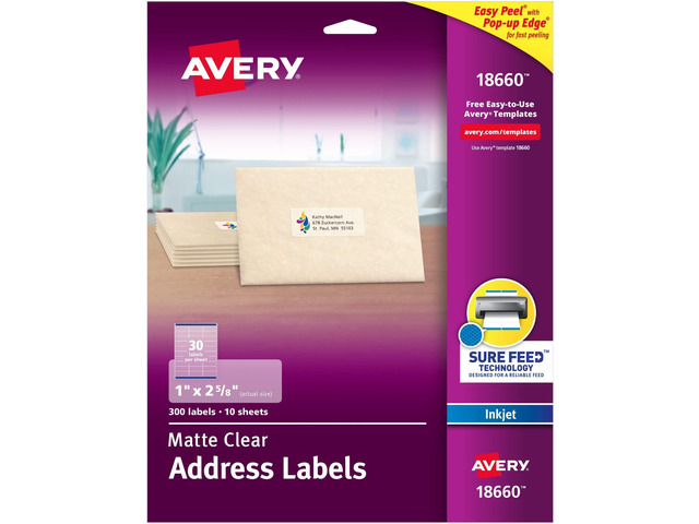 Clear Address Labels 1 x 2-5/8 inch Matte Finish Sure Feed Technology For Inkjet Printers 300 Labels, Pack of 5