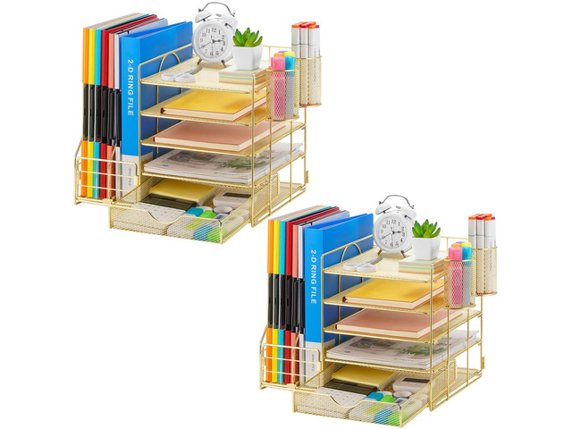 Desk Organizer with File Holder, 5-Tier Paper Letter Tray Organizer with Drawer and 2 Pen Holder, Mesh Desktop Organizer and Storage with Magazine...