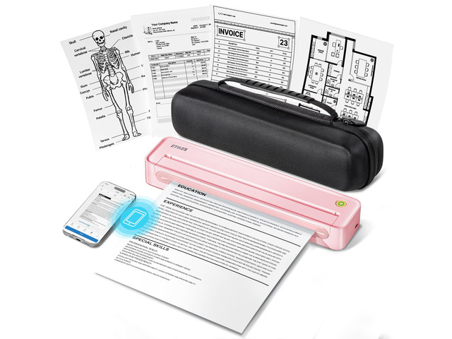 D90E Inkless Portable Thermal Printer with Case 1pack, Pink Wireless Bluetooth Small Compact Mobile Printer for Travel/Office/School/Home,...