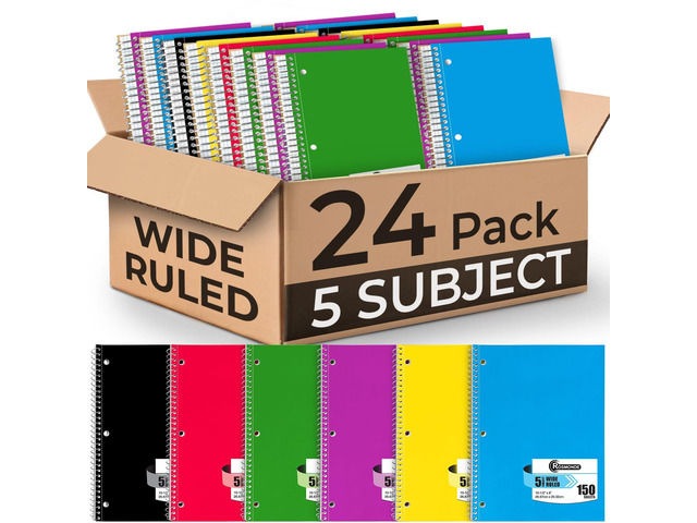 24 Pack, 5 Subject Notebook Wide Ruled, 150 Sheets (300 Pages) Sturdy Spiral Journal Notebook, Wide Ruled, 8 x 10-1/2, School & Office Bulk Spiral...