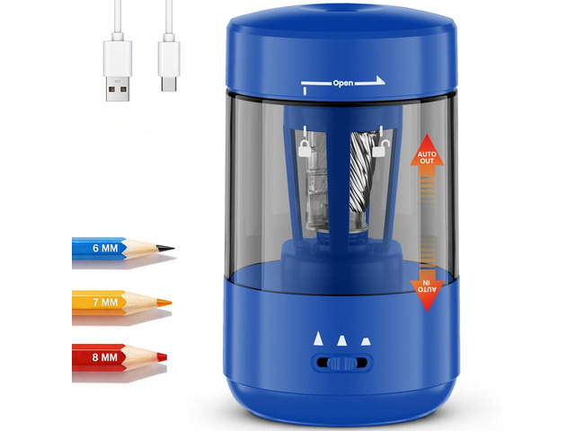 Electric Pencil Sharpener for Classroom, Fully Automatic, Dark Blue Type-C Rechargeable, Auto In/Out, 2000mAh Built-in Battery, Fast Sharpen, For...