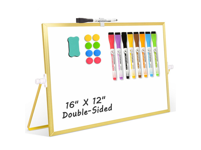Double-Sided Magnetic White Board with Stand, 16' x 12' (Gold) Dry Erase Board with Stand, Desktop Whiteboard Easel, Portable Small White board dry...
