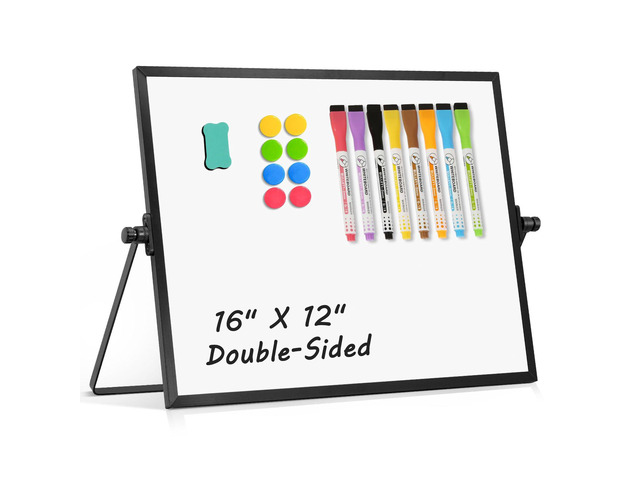 Double-Sided Magnetic White Board with Stand, 16' x 12' (Black) Dry Erase Board with Stand, Desktop Whiteboard Easel, Portable Small White board...