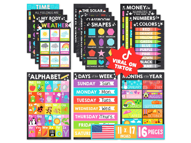 16 Laminated Toddler Learning Posters 1-3 for Preschool Classroom Decor Chalkboard Learning Posters for Toddlers 1-3, Homeschool Room Decor for...