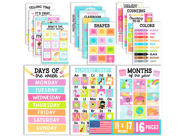 16 Laminated Toddler Learning Posters 1-3 for Preschool Classroom Decor Pastel Learning Posters for Toddlers 1-3, Homeschool Room Decor for Toddler...