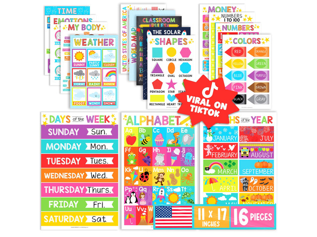 16 Laminated Toddler Learning Posters 1-3 for Preschool Classroom Decor Colorful Learning Posters for Toddlers 1-3, Homeschool Room Decor for...