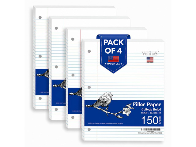 College Ruled Loose Leaf Paper, 600 Sheets Bulk Notebook Paper, 8'x10-1/2' 3 Hole Punched Filler Paper, Fits Standard 3-Ring Binder, 65lb Thick...