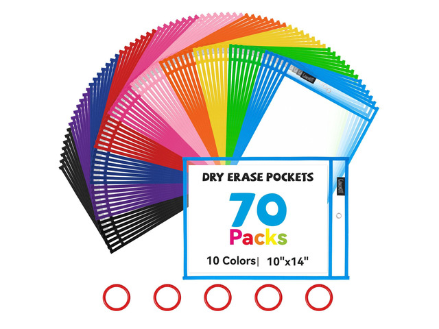 70 Pack Dry Erase Pockets, 10x14 Reusable Sleeves, 10 Colors 70 reusable PVC pockets hold 8.5 x 11 and 9 x 12 sheets; double sided wipe clean...