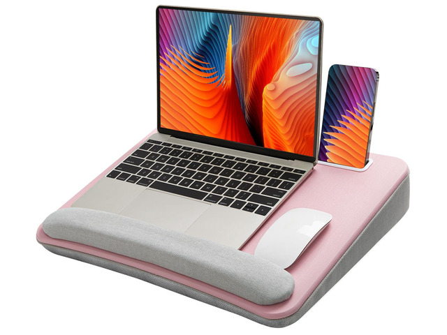 Laptop Lap Desk with Cushion, Fit up to 15.6' Laptop, Pink Portable Lap Desk with Pillow Cushion, Anti-Slip Strip & Storage Function for Home...