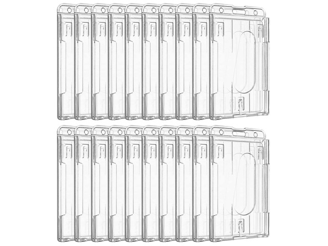 20 Pack Vertical 2-Card Badge Holder with Thumb Slot Hard Transparent PC Case Protector for Office School IDs Credit Cards Drivers Licenses and Passes
