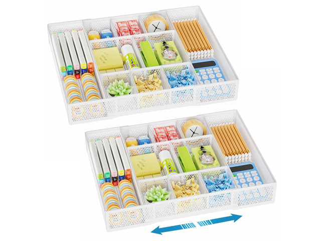 Expandable Desk Drawer Organizer, Mesh Drawer Organizer Tray with 10 Adjustable Compartments, Desk Organizers and Accessories for Office Supplies,...