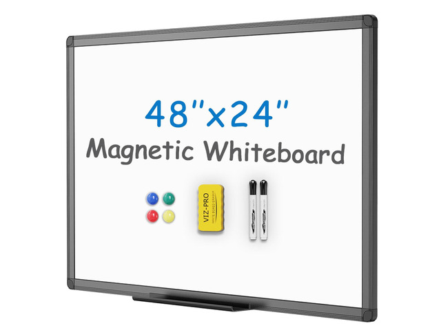 Magnetic Dry Erase Board, 48 x 24 Inches, Black Aluminium Frame Includes 1 Eraser, 2 Markers & 4 Magnets, Wall Mounted Whiteboard for School Office...