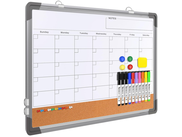Monthly Calendar Whiteboard for Wall, 24x18 Inches Dry Erase Board with Cork Board Combo, Magnetic White Board, Double-Sided Hanging Portable Board...
