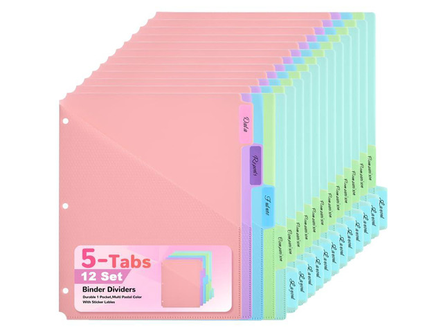 5-Tab Binder Dividers with Pockets - Heavy Duty Plastic Dividers for 3 Ring Binder, Letter Size Poly Page Separators with Tabs & Label Stickers,...