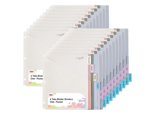 6-Tab Dividers for 3 Ring Binder, 20 Count Binder Dividers with Pockets Fit 8-1/2' x 11 Sheet, Morandi Colors