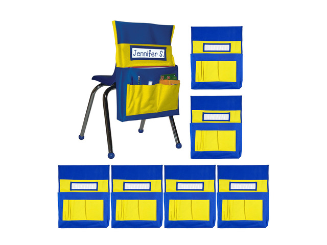 Chair Pockets for Classroom, Yellow & Blue, 6-Pack Durable 15x19' Chairback Buddy for Classroom Supplies, Desk Buddy Pocket Organizer with Name...