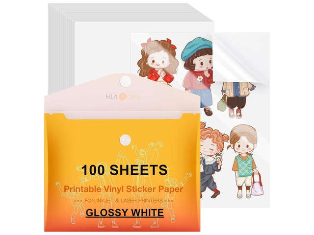 Printable Vinyl Sticker Paper, 8.5'X11', 100 Sheets, Glossy White For Inkjet Printer, Dries Quickly, Waterproof, Anti-Curl, Jam-Free Design, Great...