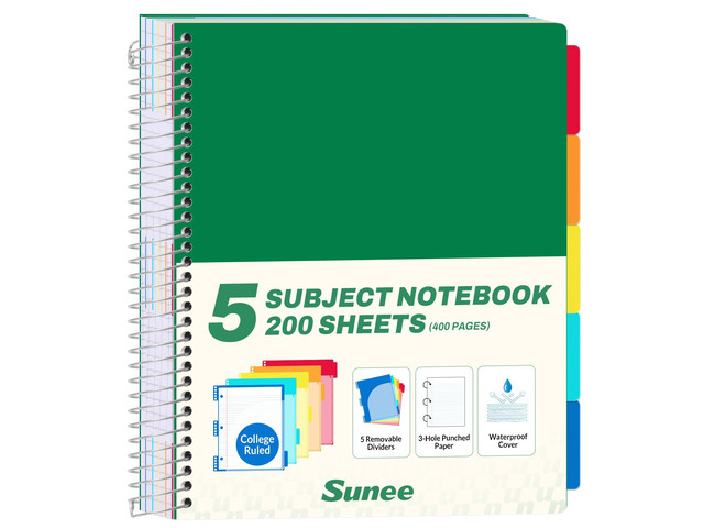 5 Subject Notebook College Ruled - 400 Pages, 9'x11', 5 Pocket Colored Dividers, 3-Hole Punched Paper, Dark Green