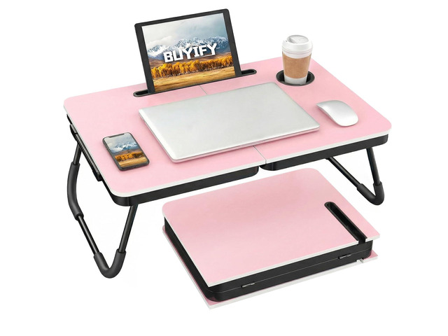 23.4' Foldable Lap Desk Bed Table with Cup Holder Portable Tray Folds Flat for Easy Storage, No Assembly Laptop Bed Desk, Sturdy and Lightweight,...