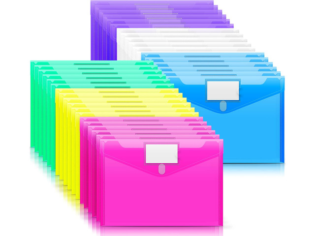 36 Pack File Folders, Clear Poly Envelopes Plastic Folders A4 Pouch Folder for Documents Letter A4 Size with Label Pocket, Teacher School Office...