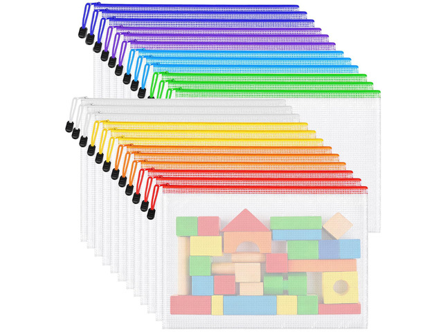 24pcs Mesh Zipper Pouch Bags, A3 Large Size 8 Colors Plastic Zipper Bags for Organizing Storage, Clear Pouches with Zipper, Waterproof Mesh Bags...