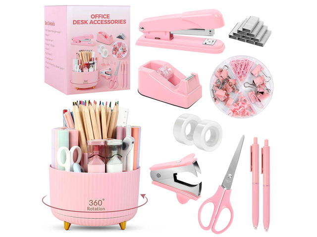 Pink Office Supplies Set, Pencil Holder for Desk,Gel Pen, Stapler, Tape Dispenser, Scissors,Clips and 1000pcs Staples, Office Decor for Women, Pink...