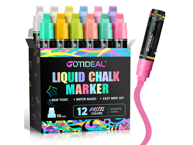 Window Markers, Jumbo Chalk Markers, 10mm Thick Tip, 12 Colors Pastel Color, for Blackboard, Washable Car Marker for Chalkboard Glass Mirrow