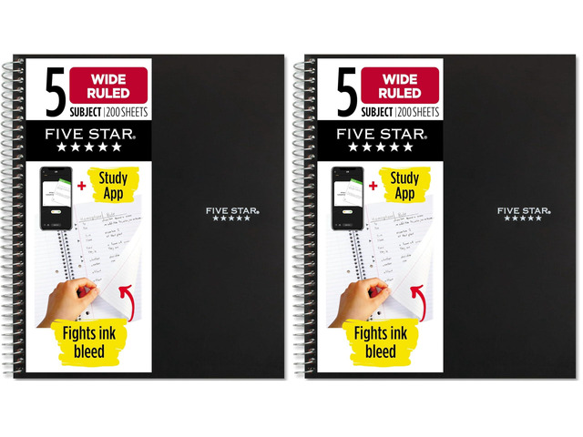 Spiral Notebook + Study App, 5 Subject, Wide Ruled Paper, 8' x 10-1/2', 200 Sheets, Fights Ink Bleed, Water Resistant Cover, Black (72045) (Pack of 2)