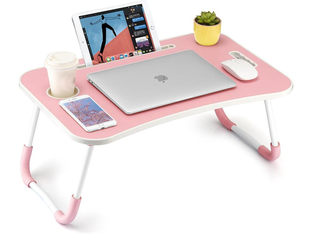Foldable Laptop Table, Portable Lap Desk Bed Table Tray, Laptop Stand with Cup Holder & Tablet Slot & Lifting Handle for Working Writing Drawing &...