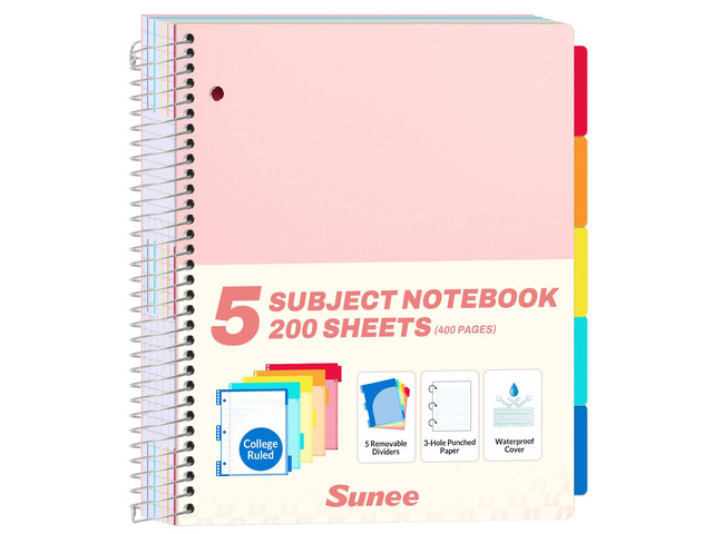 5 Subject Notebook College Ruled - 400 Pages, 9'x11', 5 Pocket Colored Dividers, 3-Hole Punched Paper, Pink