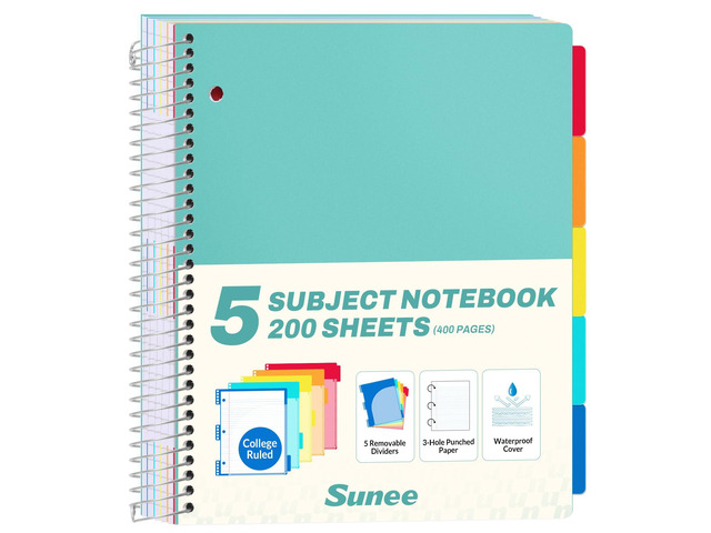 5 Subject Notebook College Ruled - 400 Pages, 9'x11', 5 Pocket Colored Dividers, 3-Hole Punched Paper, Teal