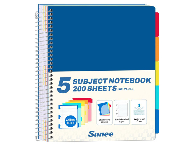 5 Subject Notebook College Ruled - 400 Pages, 9'x11', 5 Pocket Colored Dividers, 3-Hole Punched Paper, Dark Blue