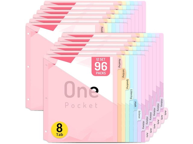 96 Count Dividers for 3 Ring Binder, 8 tabs Binder Dividers Dividers with Pockets, Binder Dividers with Tabs for School Office and Home...