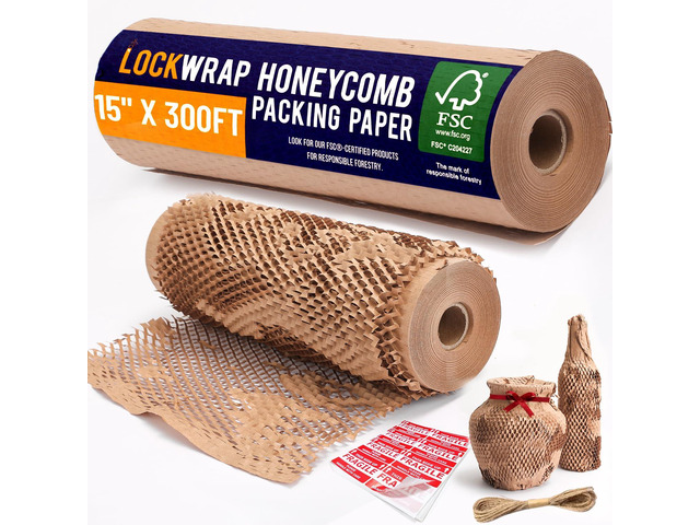 Honeycomb Packing Paper For Moving 15' x 300ft With Rope & Fragile Stickers Eco Friendly Shipping & Moving Paper Wrap For Packing Dishes Bubble...