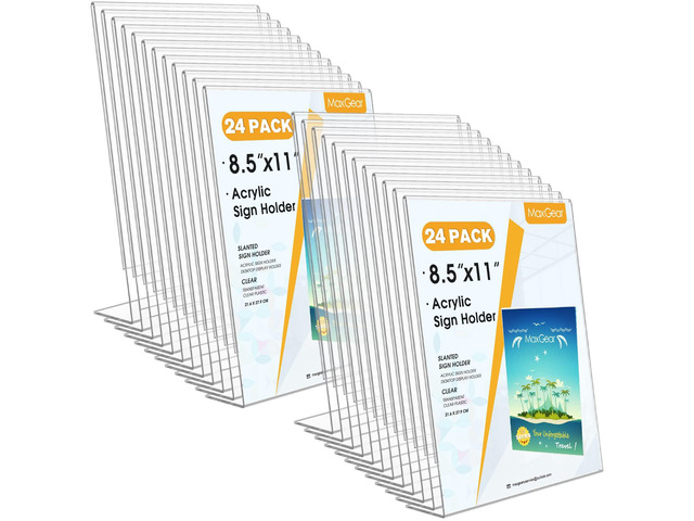 Acrylic Sign Holder, 8.5 x 11 Slant Back Display Stand, 24 Pack Clear Acrylic Material, L-Shape Design for Menus, Flyers and Signs, Easy Paper...