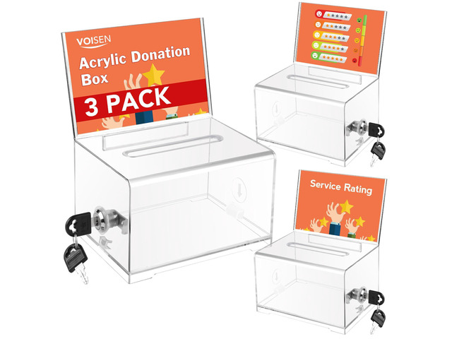 Clear Donation Box with Lock,3 Pack Tip Jarwith Sign Holder Suggestion Box for Fundraising, Voting Boxes with Slot for School,Conference, Cash Box...