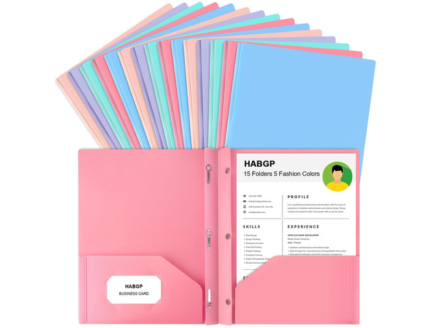 2 Pocket Folder with Prongs (15 Pack, Pastel), Plastic Folders with Pockets Pastel Colors, Business Card Holder, Fit Letter Size, Organizing...