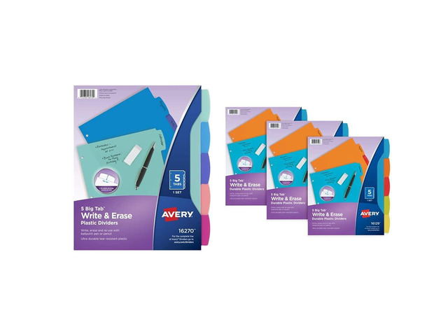 Durable Plastic 5-Tab Write & Erase Big Tab Dividers for 3 Ring Binders, Pastel Brights (16270) & Big Tab Write & Erase Durable Plastic Dividers,...