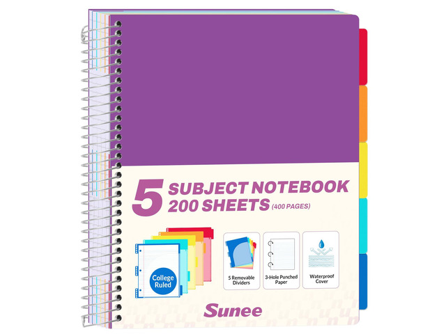 5 Subject Notebook College Ruled - 400 Pages, 9'x11', 5 Pocket Colored Dividers, 3-Hole Punched Paper, Dark Purple