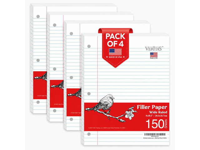 Wide Ruled Loose Leaf Paper 600 Sheets, 4 Pack Bulk Notebook Paper, 8'x10.5' 3 Hole Punched Binder Fitter Paper, Fits Standard 3-Ring Binders, Ink...