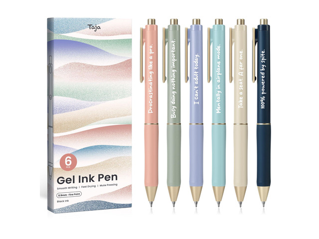 Gel Pens, 6 Pcs Quick Dry Black Ink Pens, 0.5mm Fine Point, Funny Retractable Pens with Soft Grip, Smooth Writing for Journaling and Note Taking,...