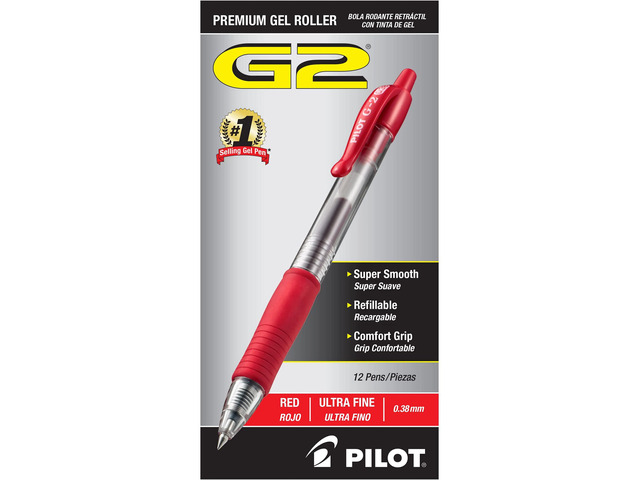 G2 Gel Roller Pens, Ultra Fine Point 0.38 mm, Red Pens, Pack of 12