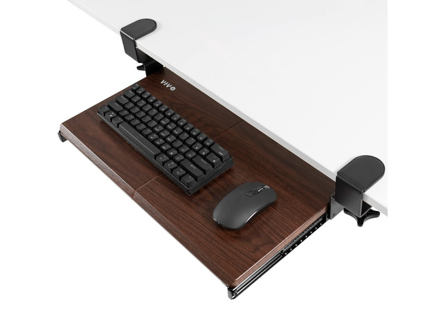 Dark Walnut Clamp-on 20 x 11 in Keyboard Tray, MOUNT-KB05ES-D Small Under Desk Keyboard & Mouse Tray for Typing, Slide Out Platform, Extra Sturdy...