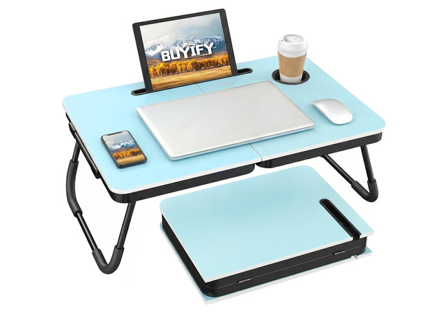 23.4' Foldable Lap Desk Bed Table with Cup Holder Tray Blue Portable Folds Flat for Easy Storage, No Assembly Laptop Bed Desk, Sturdy and...