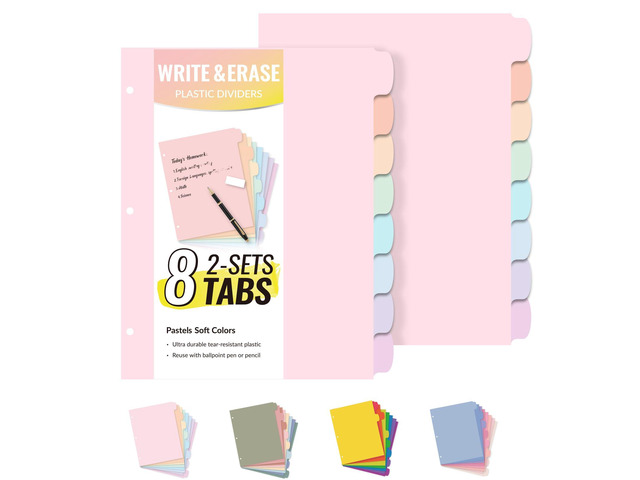 8 Tabs Plastic Write & Erase Binder Dividers with Tabs, 2 Sets Long-Lasting Dividers for 3 Ring Binder, Cute Pastels Binder Dividers Organizers for...