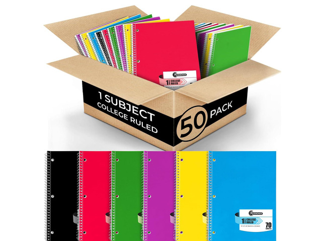1 Subject Spiral Notebook Bulk, 50 Pack, College Ruled, 70 Sheets 1 Subject Notebook Bulk, Thick Paper, 140 Pages, 8 x 10-1/2', 3 Hole Punched,...