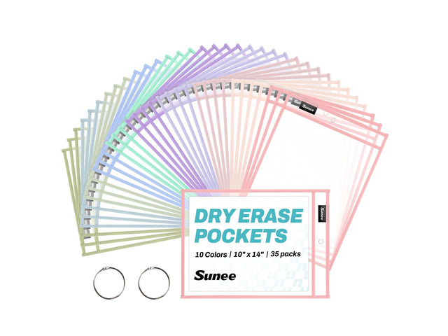 35 Packs Oversized Reusable Dry Erase Pocket Sleeves with 2 Rings, 10 Morandi Colors 10x14 Ticket Holders, Clear Plastic Sheet Protectors, Teacher...