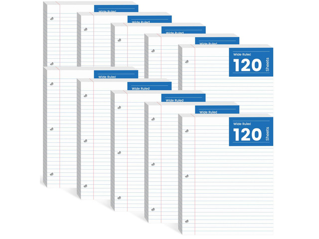 10 Pack Loose Leaf Paper 8.5 x 11, 1200 Pcs Lined Paper for 3 Ring Binders Wide Ruled Notebook Paper, 3 Hole Punch Binder Paper, 120 Sheets/Pack...
