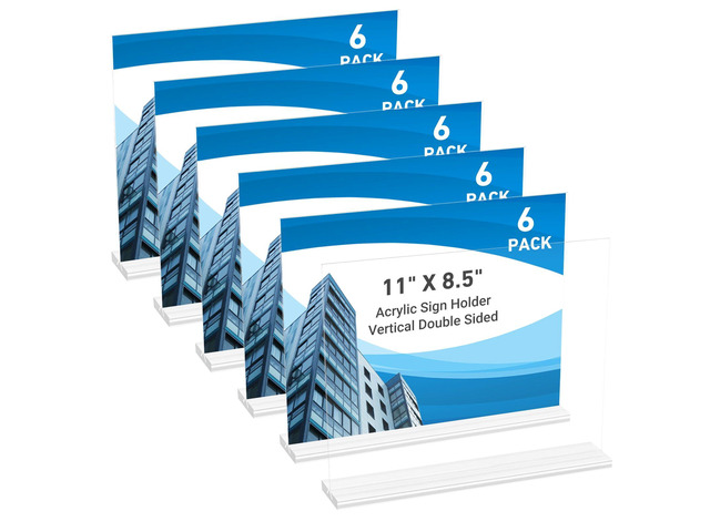 6 Pack Acrylic Sign Holder 11 x 8.5 Horizontal, Double-Sided Clear Sign Holder Plastic Stands for Display, T Shape Acrylic Table Sign Stands for...