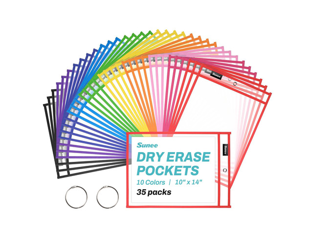 35 Packs Oversized Reusable Dry Erase Pocket Sleeves with 2 Rings, 10 Assorted Colors 10x14 Ticket Holders, Clear Plastic Sheet Protectors, Teacher...
